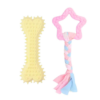 تصویر  اسباب بازی دندانی سگ بایو موزارا مدل ستاره و استخوان کرم و صورتی